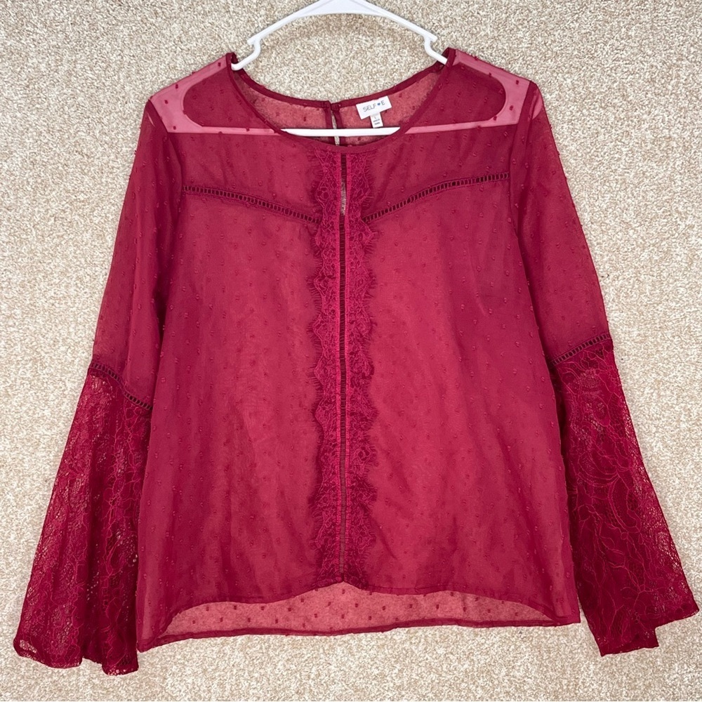 Imperfect sheer crochet bell sleeve top raised flowers feminine whimsygoth large